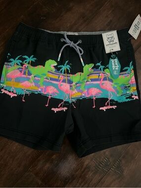 Party Pants Black Swim Shorts with Neon Flamingo & Palm Print